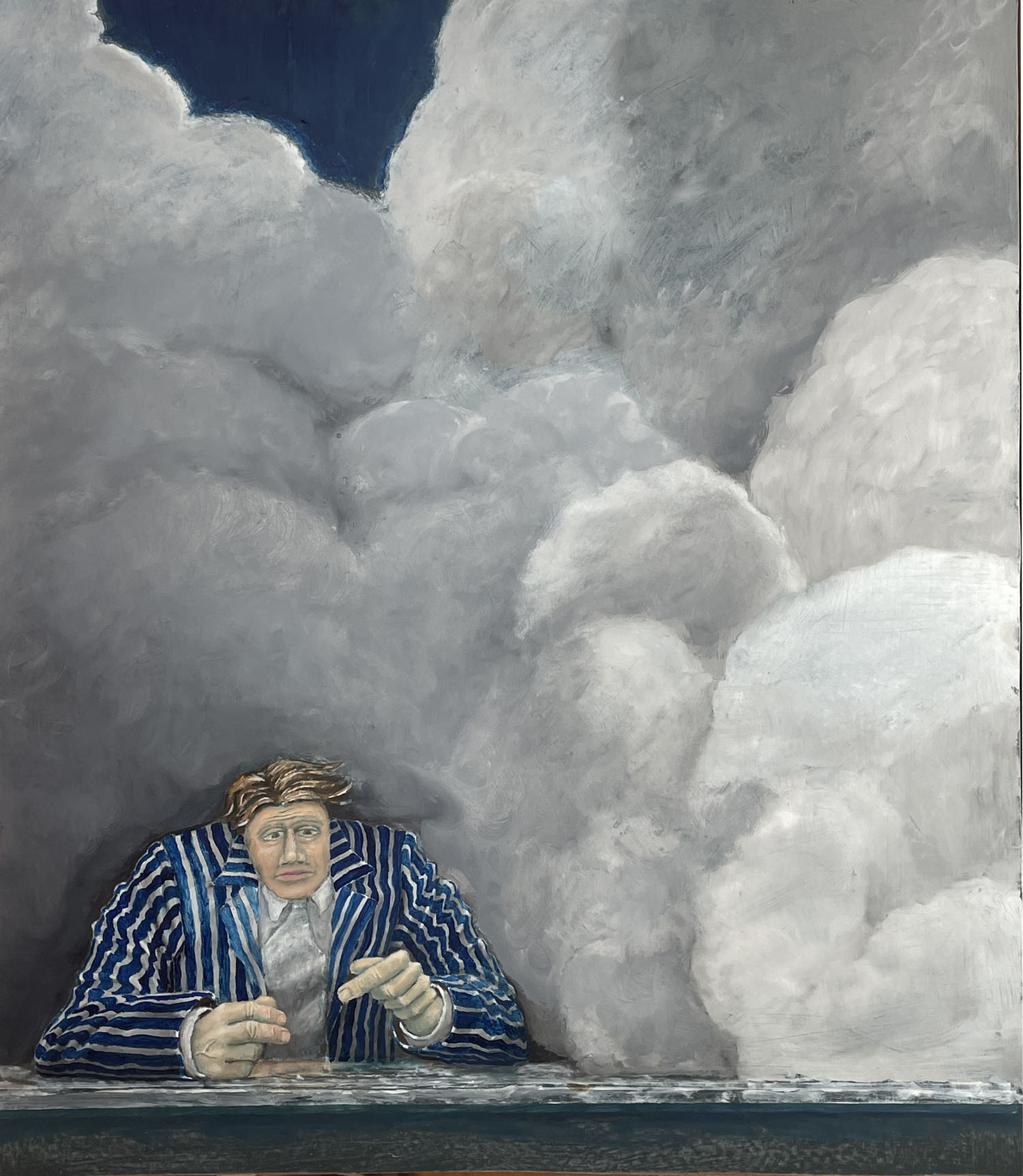 Door niet goed kijken naar een religieuze vorstelling, in die wolk zat nog een here god of jezus, maar de man keek zo gezellig bedrukt door( dacht ik) de lading wolkenn